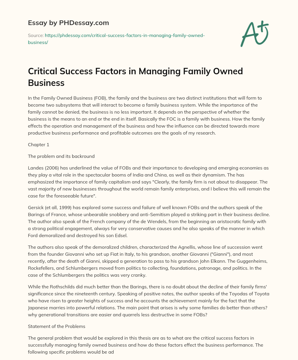Critical Success Factors in Managing Family Owned Business essay