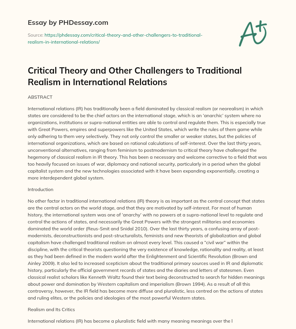 Critical Theory and Other Challengers to Traditional Realism in International Relations essay