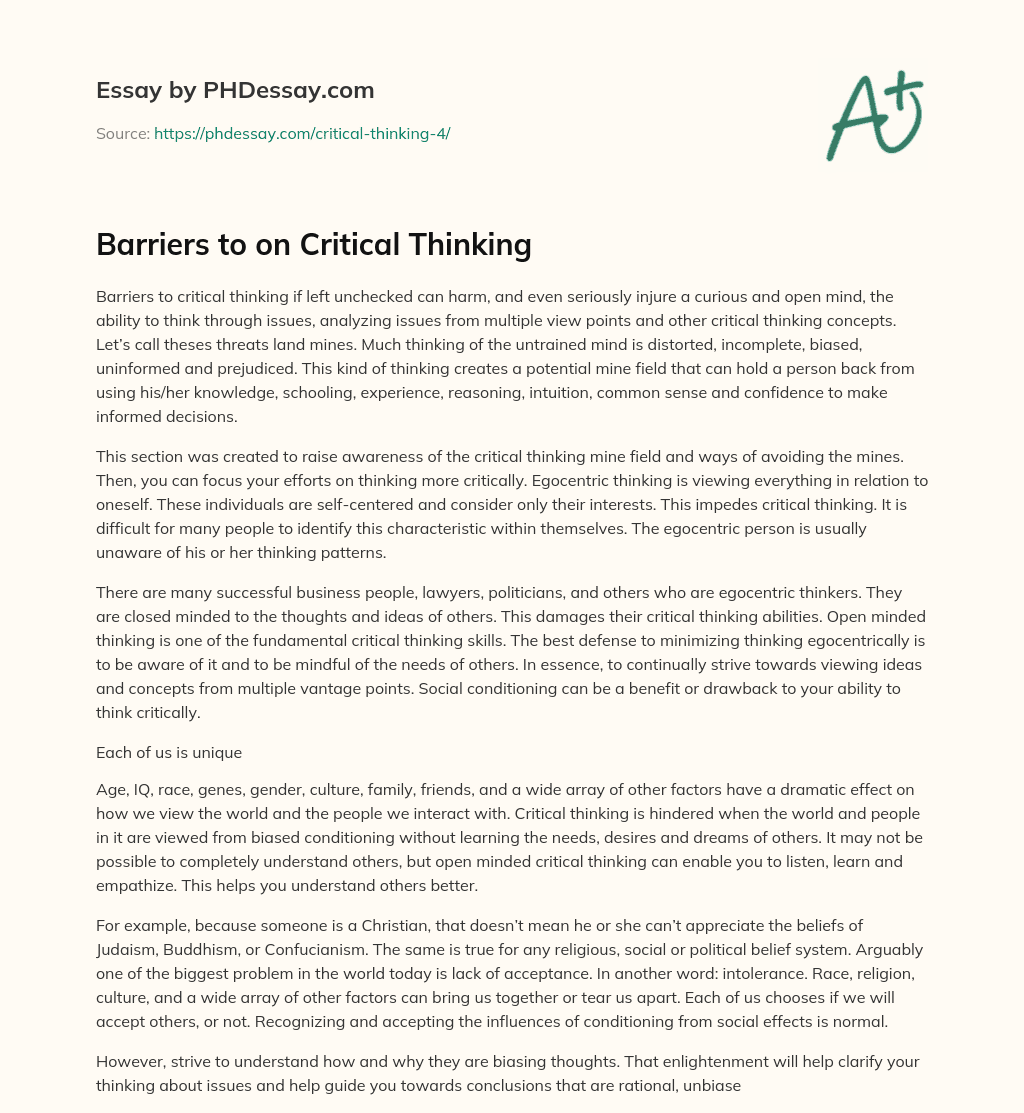 Barriers to on Critical Thinking essay