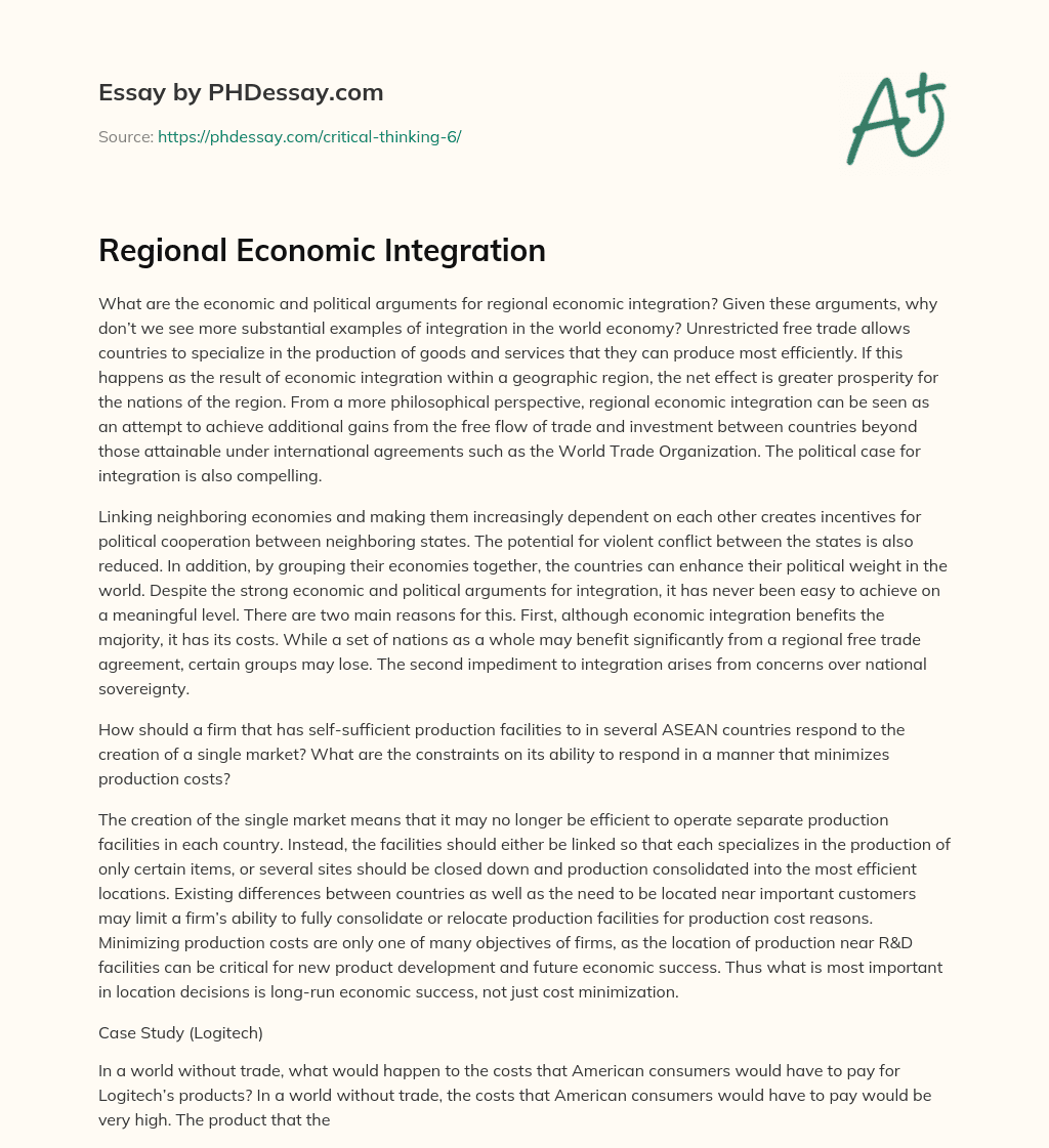 Regional Economic Integration essay