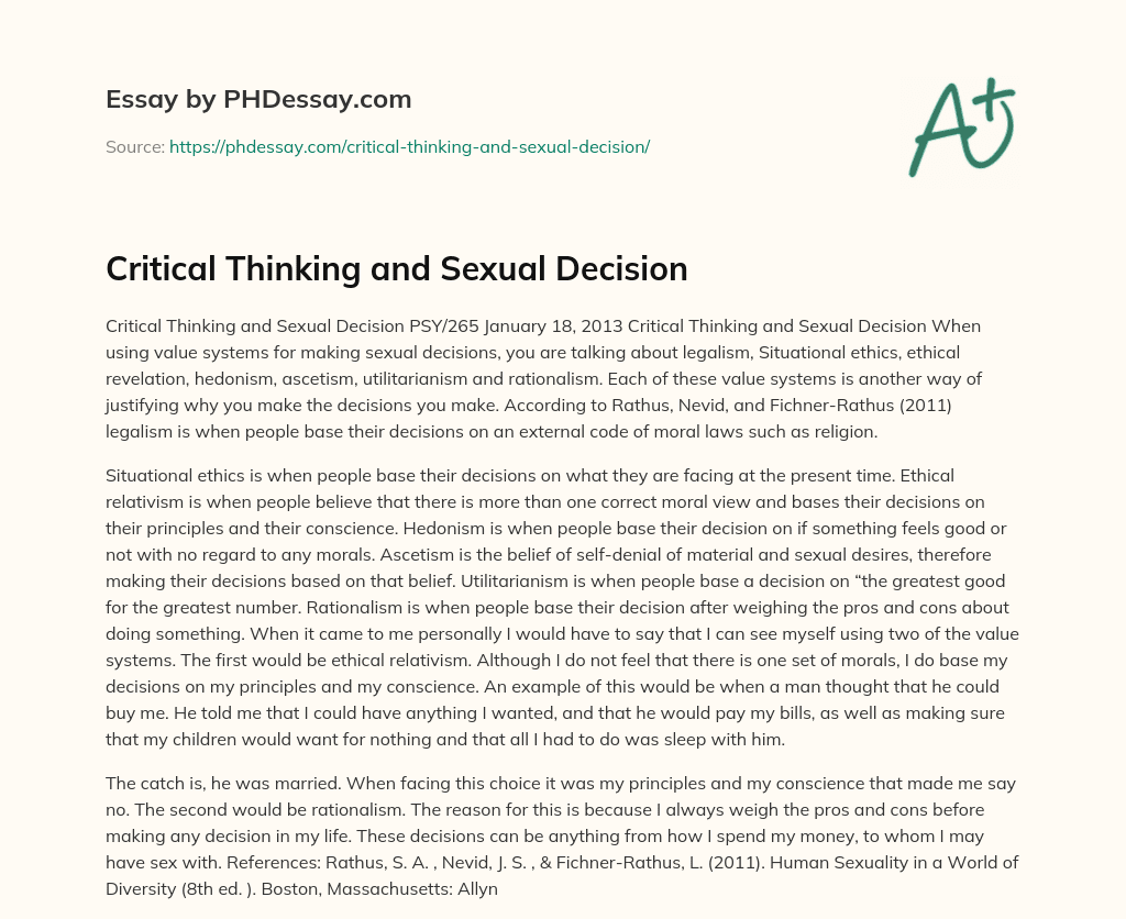 Critical Thinking And Sexual Decision 400 Words