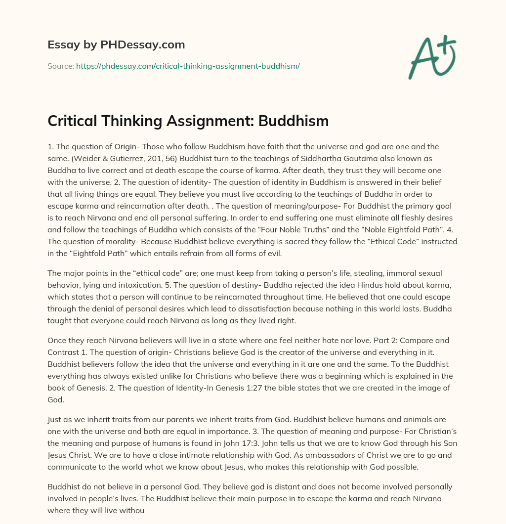 Critical Thinking Assignment: Buddhism essay