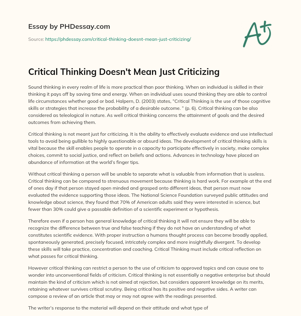 Critical Thinking Doesn’t Mean Just Criticizing essay