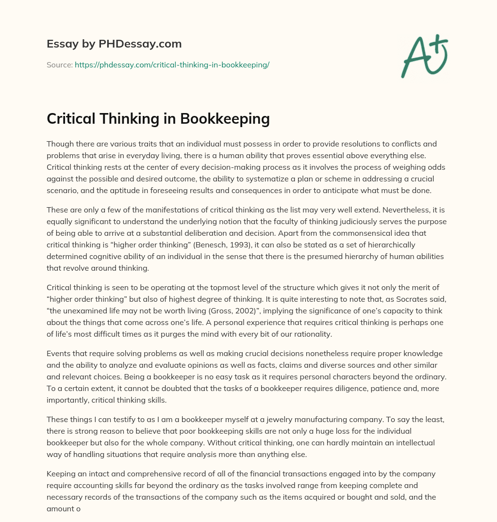 Critical Thinking in Bookkeeping essay