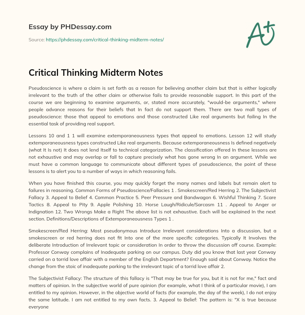 Critical Thinking Midterm Notes essay