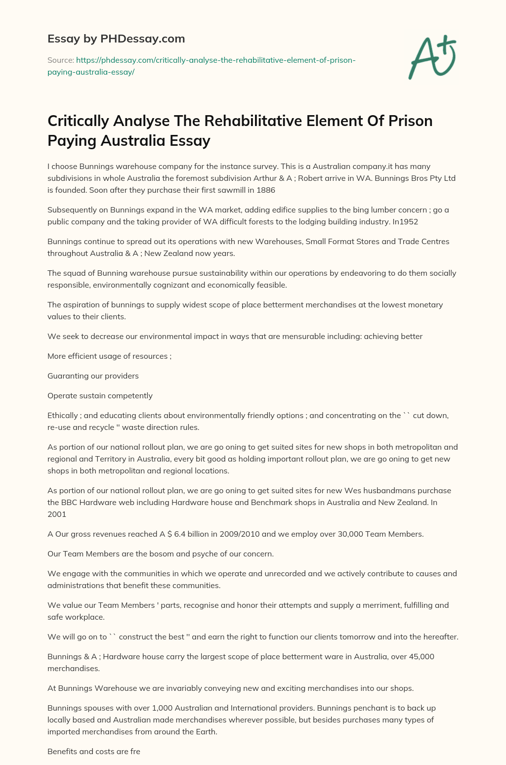 Critically Analyse The Rehabilitative Element Of Prison Paying Australia Essay essay