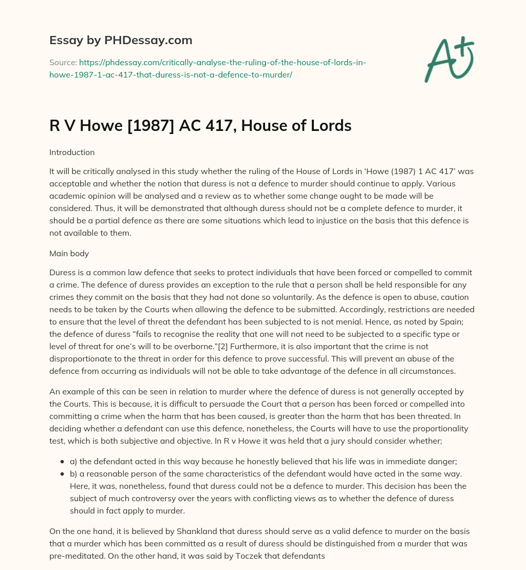 R V Howe [1987] AC 417, House of Lords essay