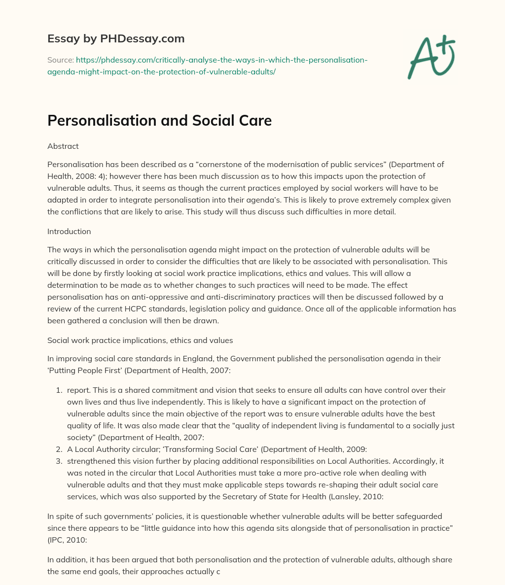 Personalisation and Social Care essay