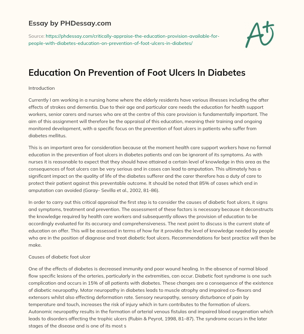 Education On Prevention of Foot Ulcers In Diabetes essay