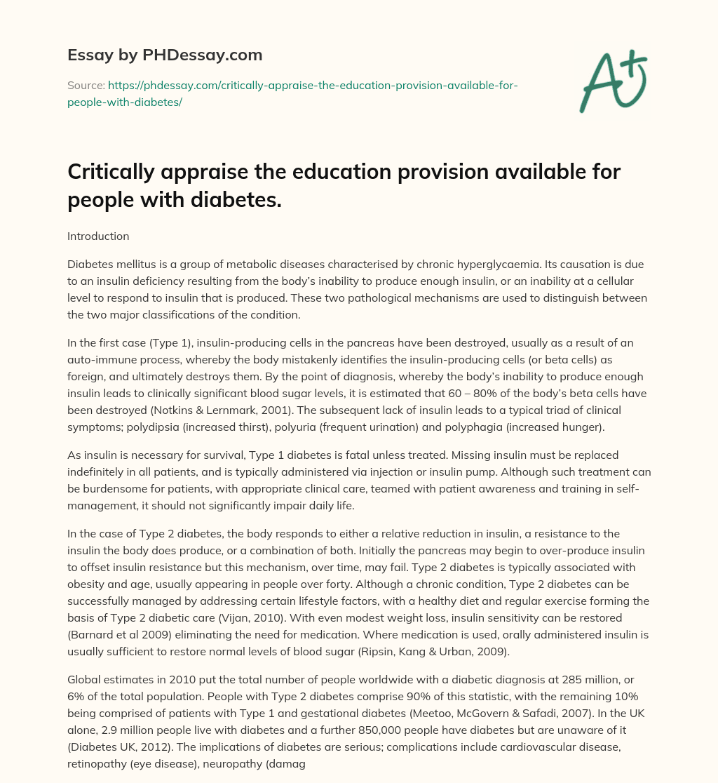 Critically appraise the education provision available for people with diabetes. essay