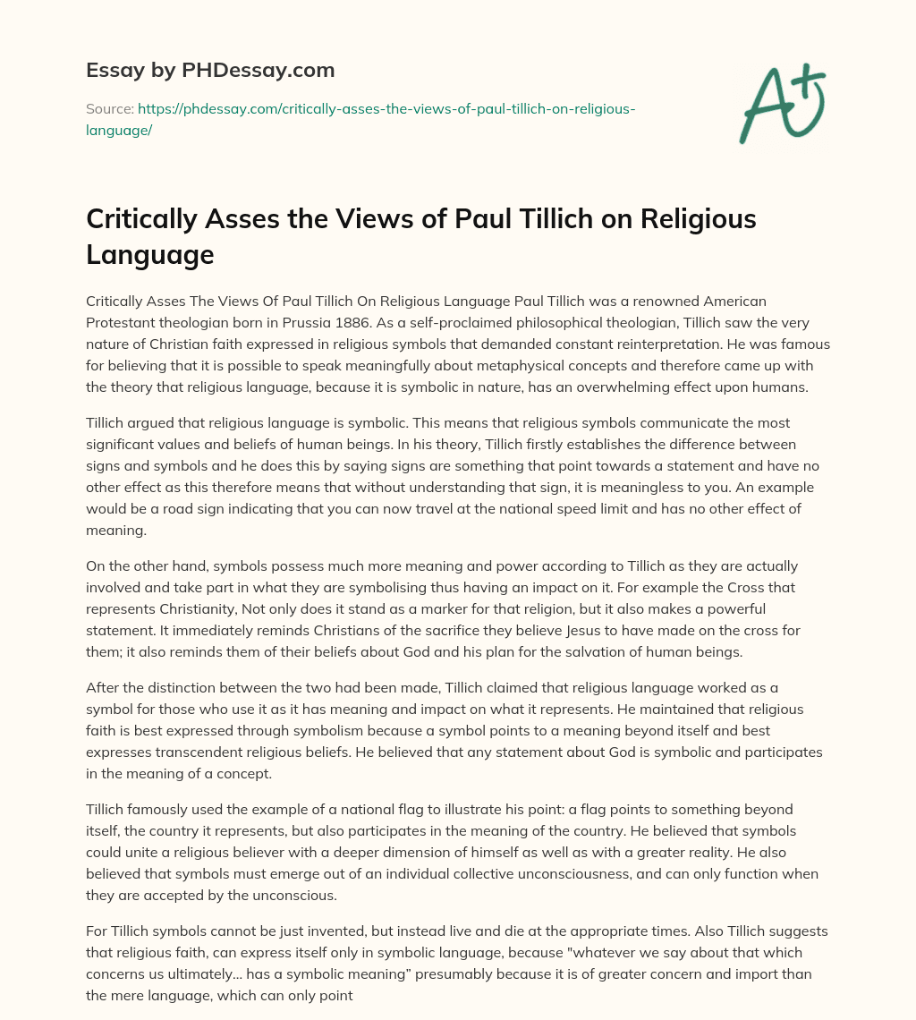 Critically Asses the Views of Paul Tillich on Religious Language essay