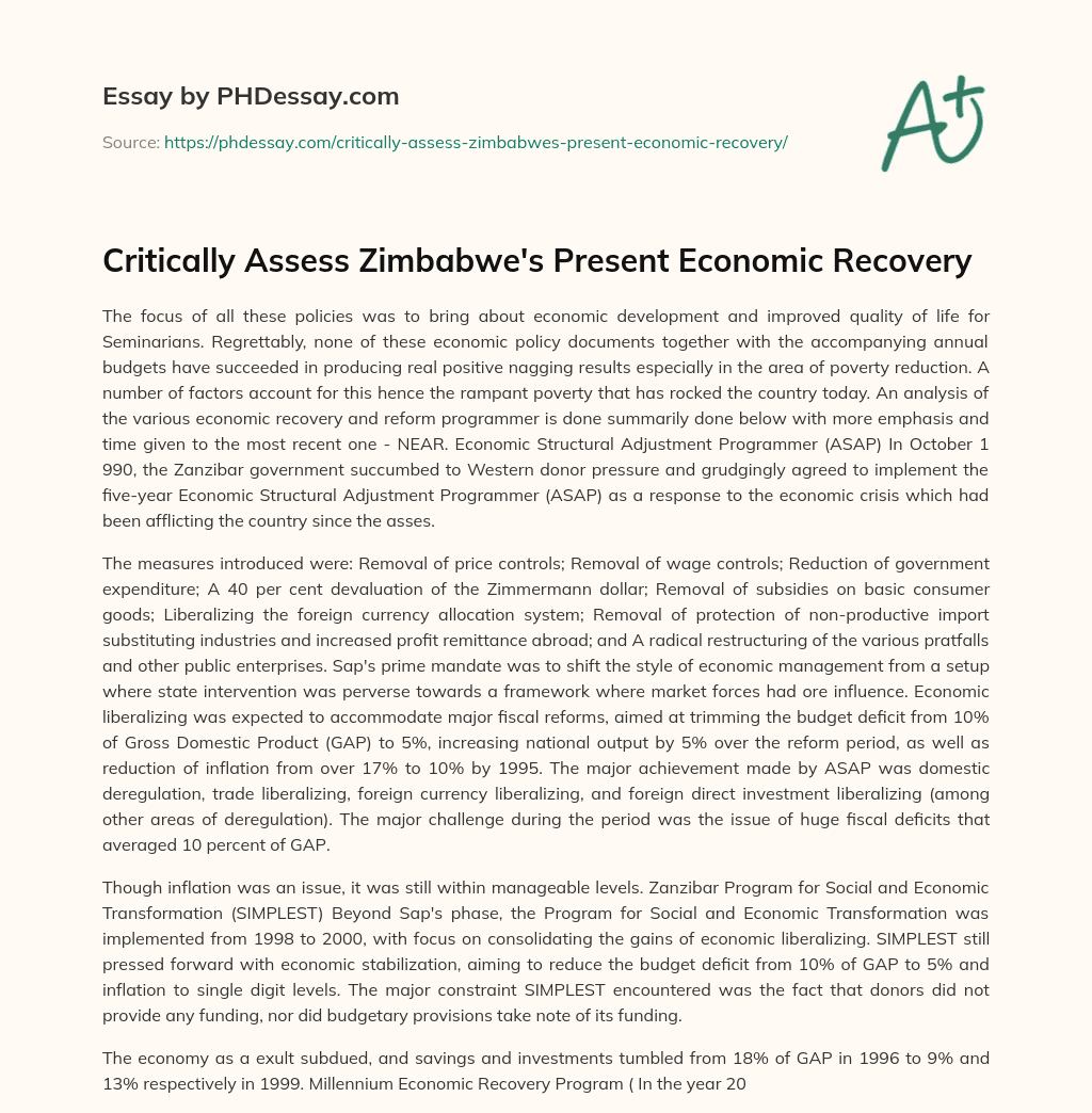 Critically Assess Zimbabwe’s Present Economic Recovery essay