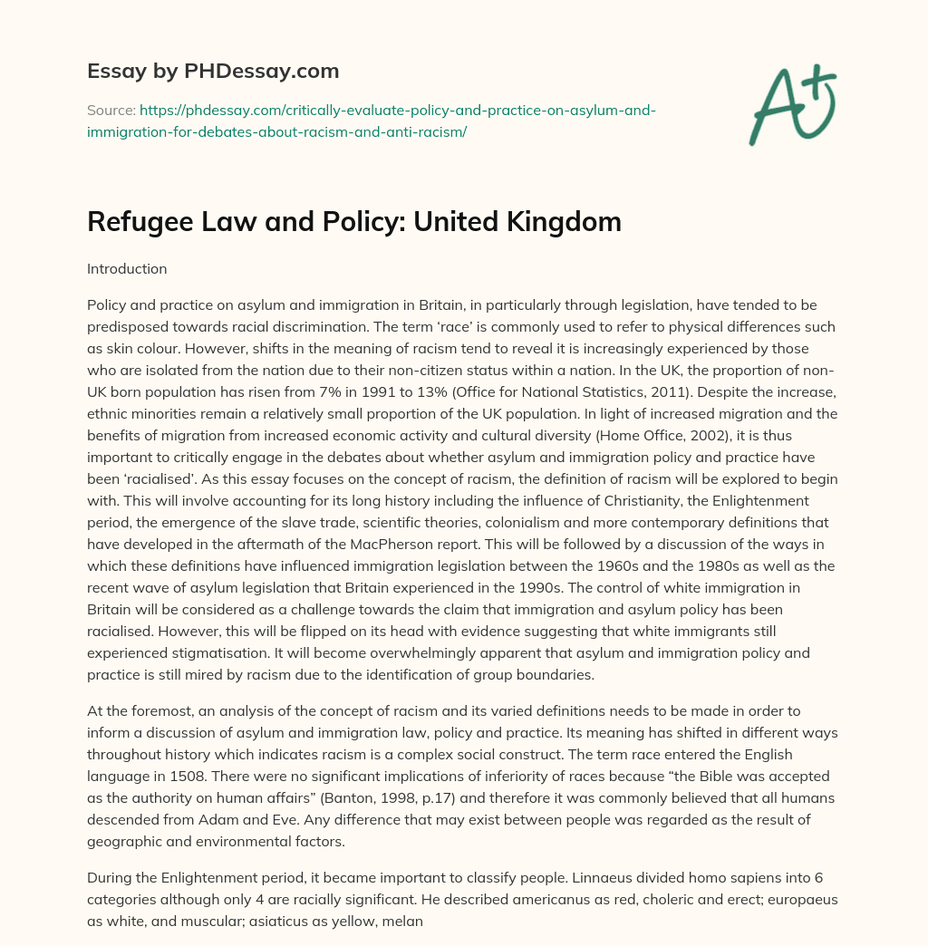 Refugee Law and Policy: United Kingdom essay