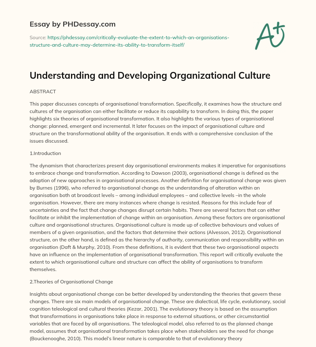 Understanding and Developing Organizational Culture essay