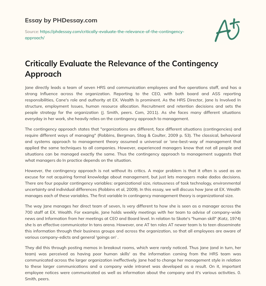 Critically Evaluate the Relevance of the Contingency Approach essay