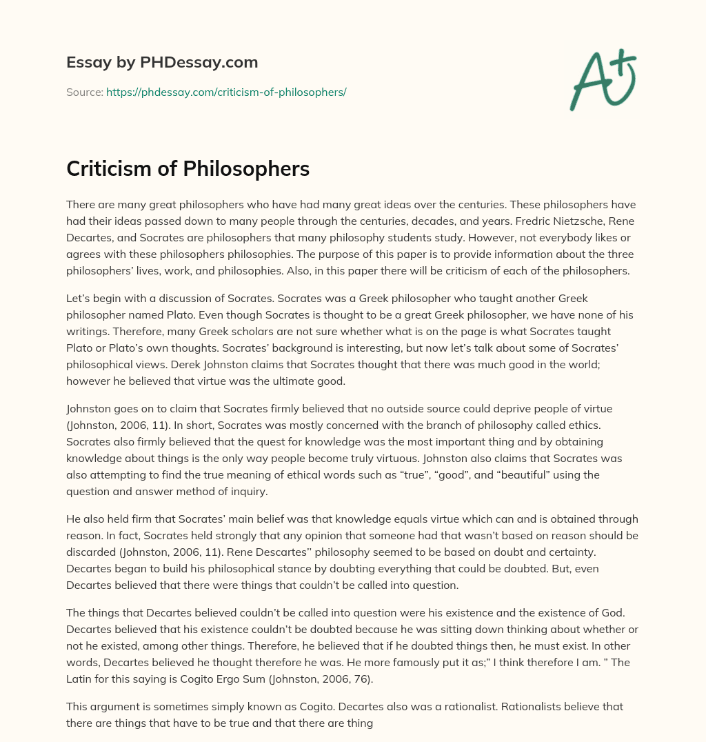 Criticism of Philosophers essay