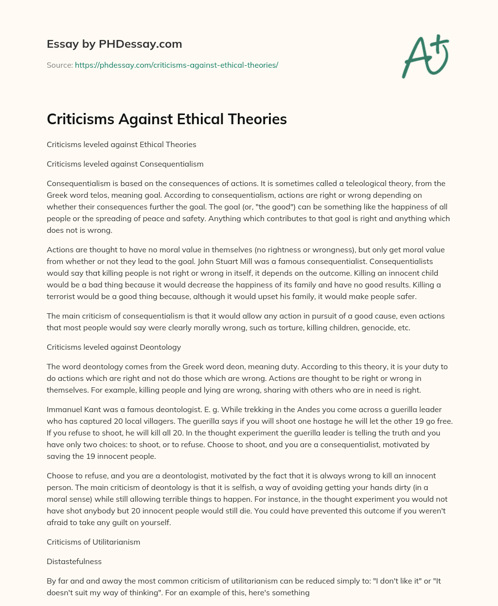 Criticisms Against Ethical Theories essay