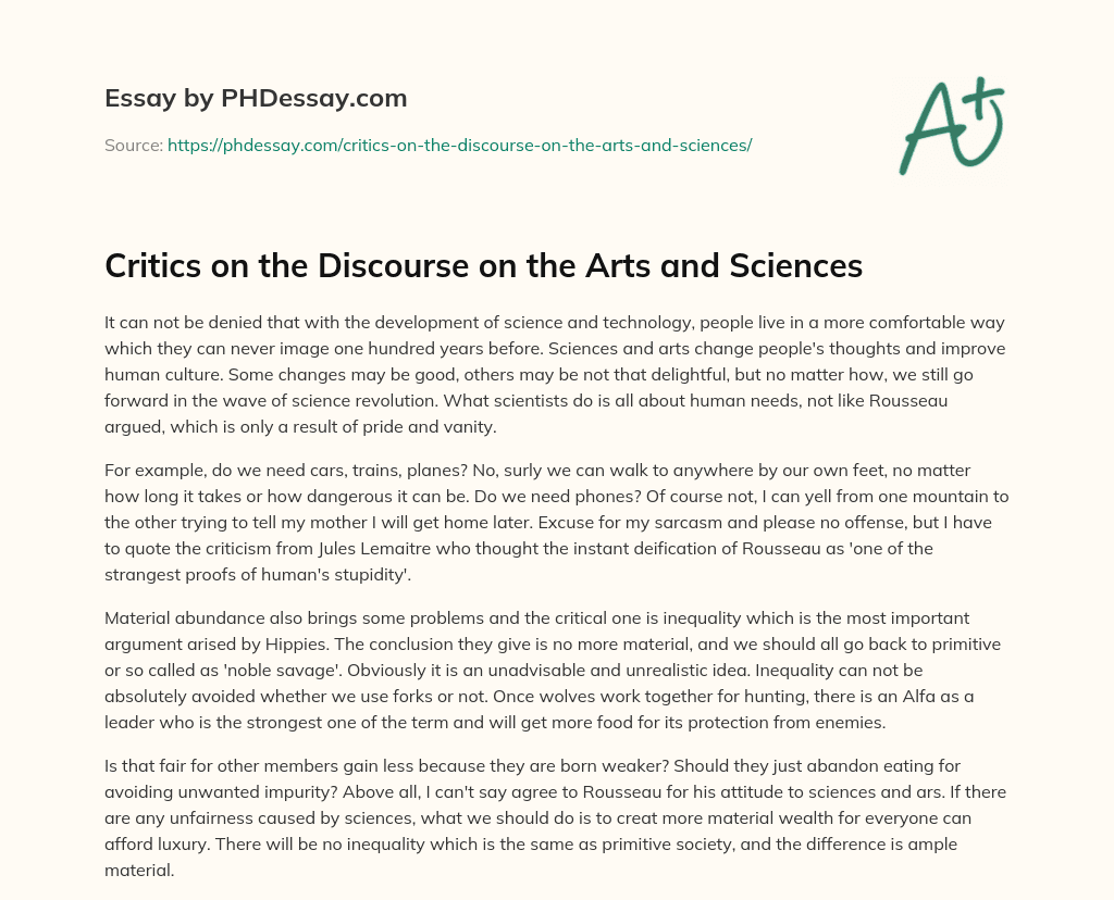 Critics on the  Discourse on the Arts and Sciences essay