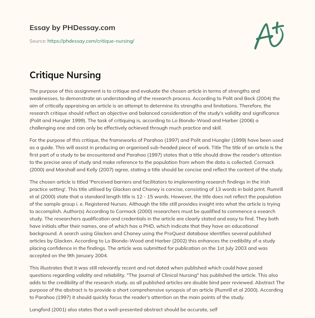 Critique Nursing essay
