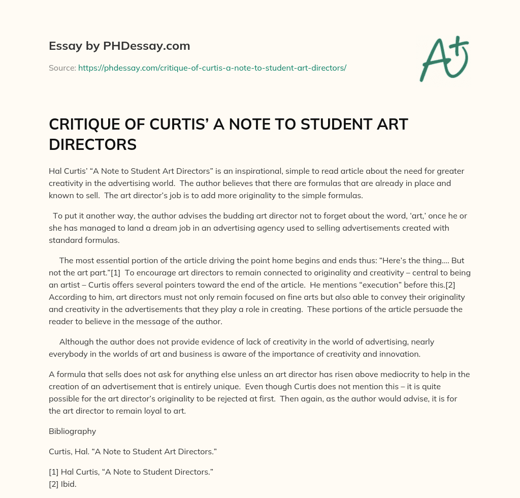 CRITIQUE OF CURTIS’ A NOTE TO STUDENT ART DIRECTORS essay