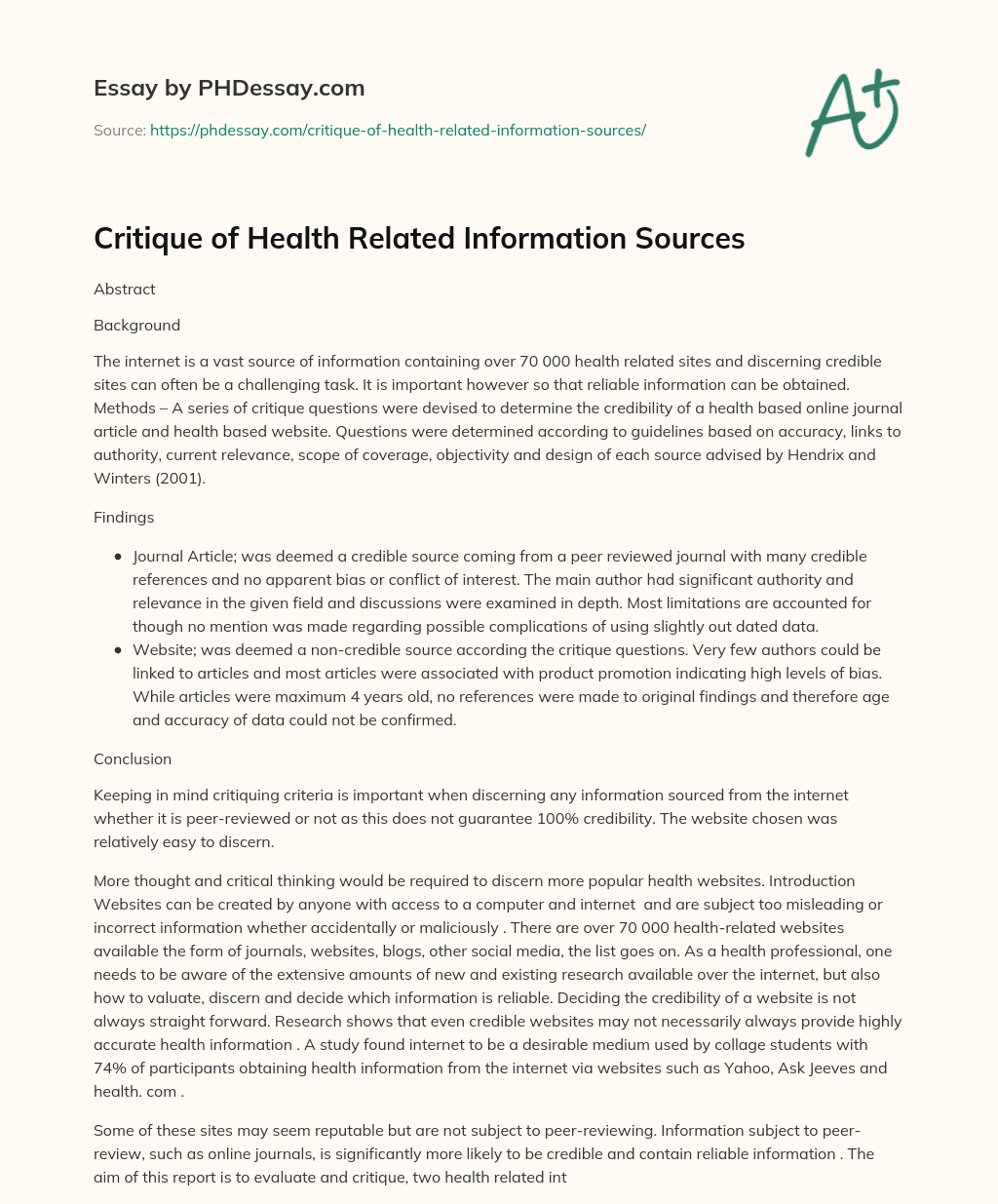 Critique of Health Related Information Sources essay