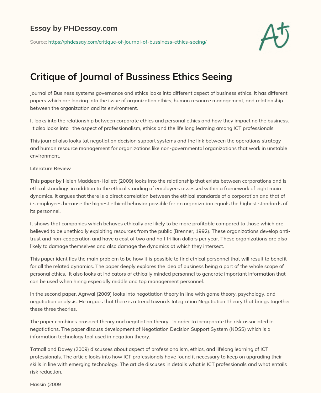 Critique of Journal of Bussiness Ethics Seeing essay