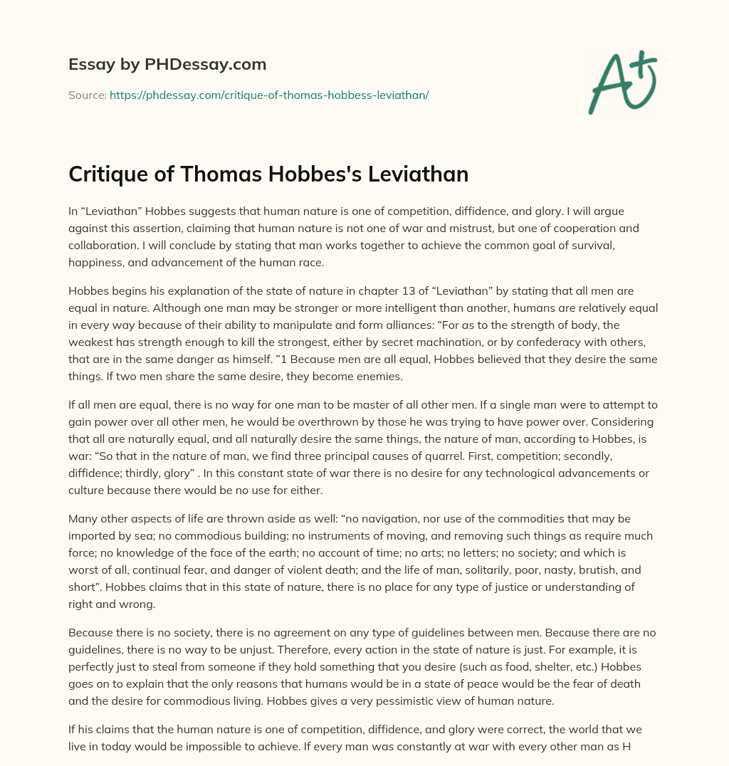 Critique of Thomas Hobbes’s Leviathan essay