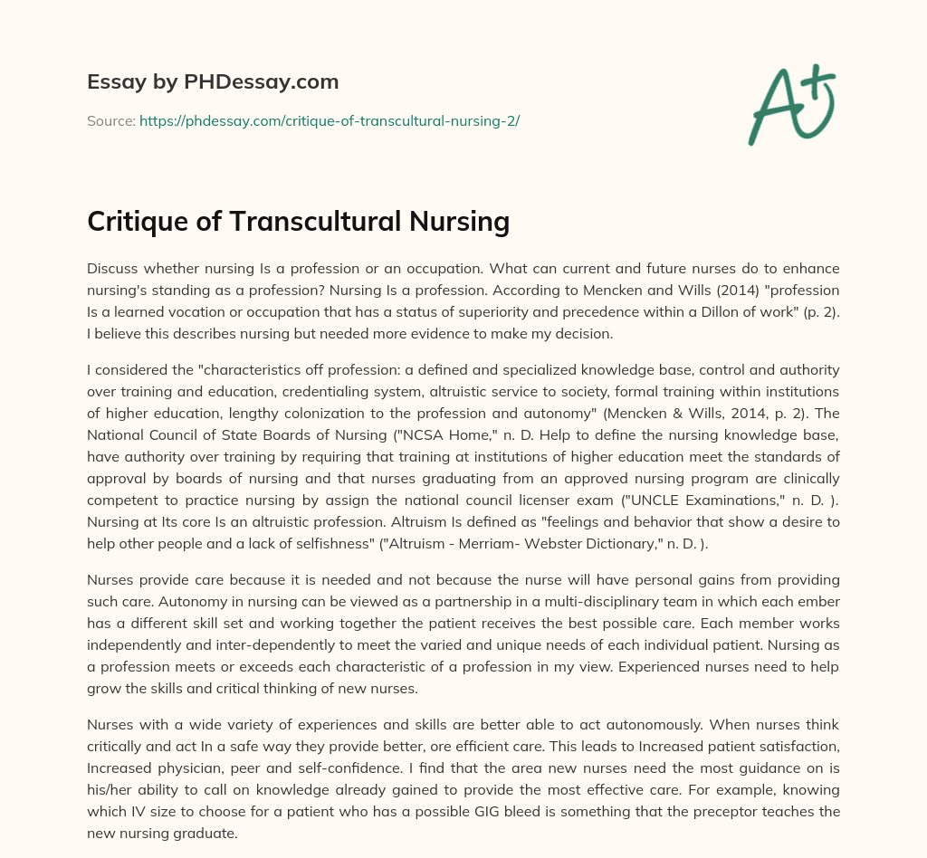 Critique of Transcultural Nursing essay