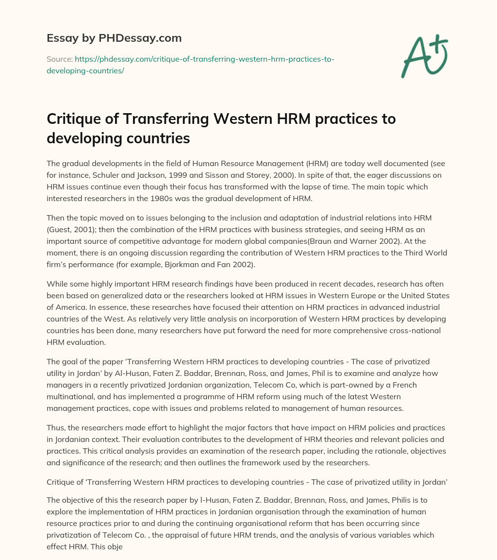 Critique of Transferring Western HRM practices to developing countries essay