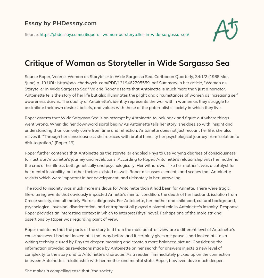 Critique of Woman as Storyteller in Wide Sargasso Sea essay