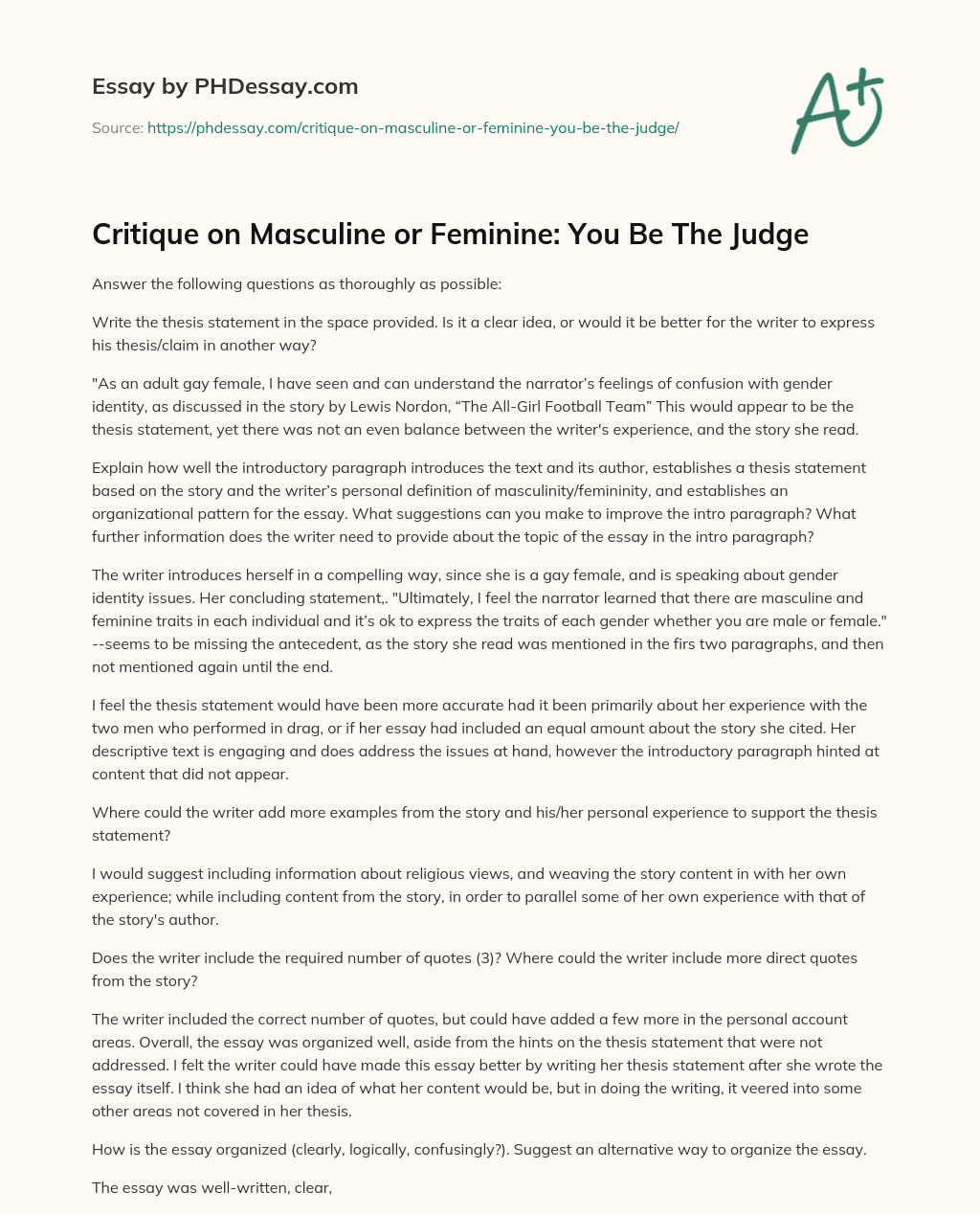 Critique on Masculine or Feminine: You Be The Judge essay