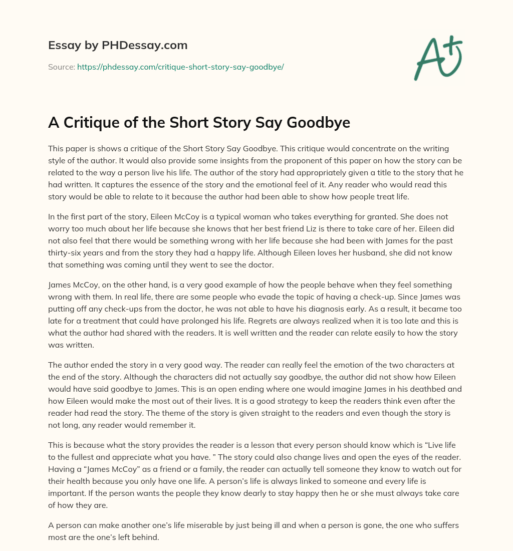 A Critique of the Short Story Say Goodbye essay