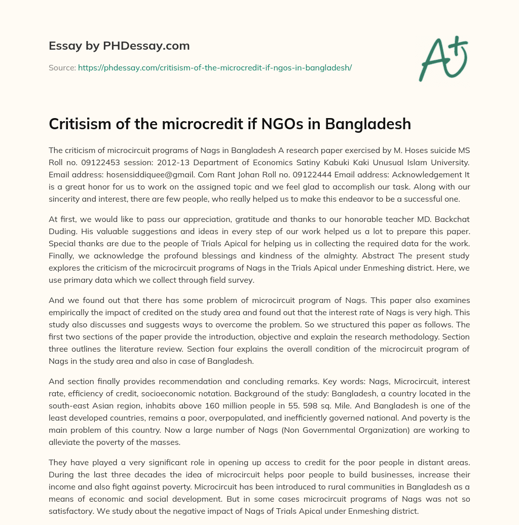 Critisism of the microcredit if NGOs in Bangladesh essay