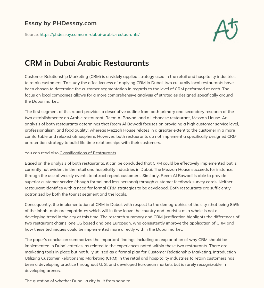 CRM in Dubai Arabic Restaurants essay