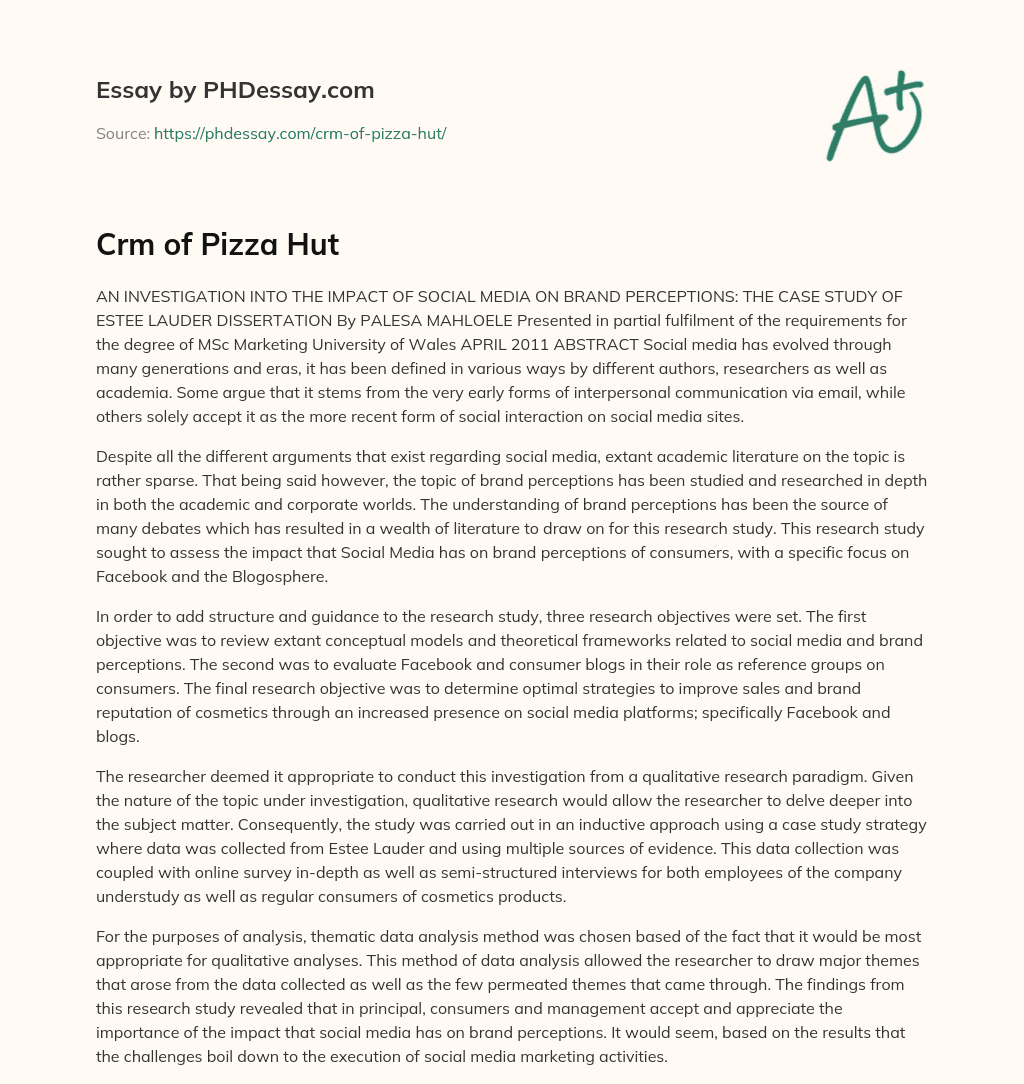 Crm of Pizza Hut essay