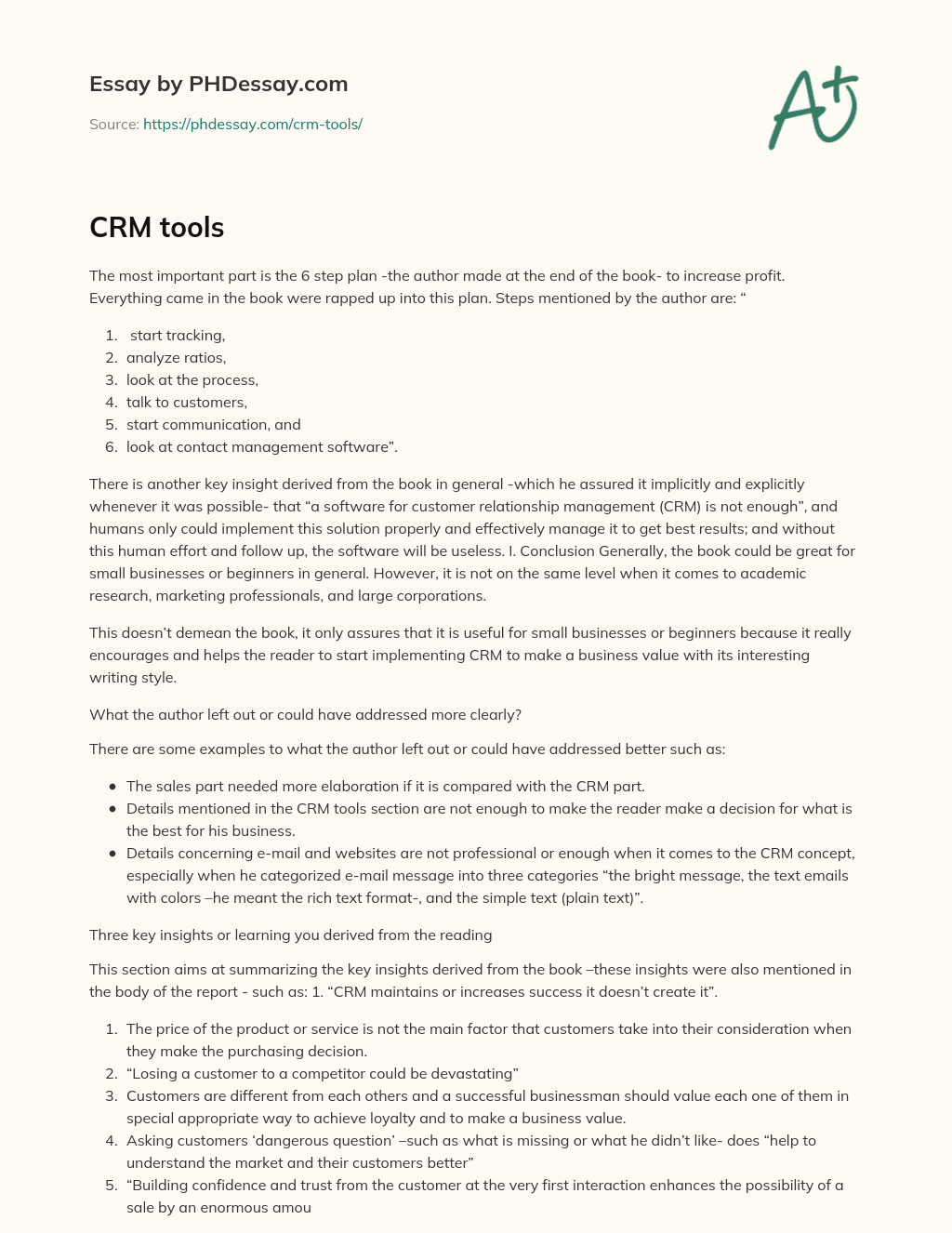6 Step Plan for Increasing Profit through CRM Implementation in Small Businesses essay