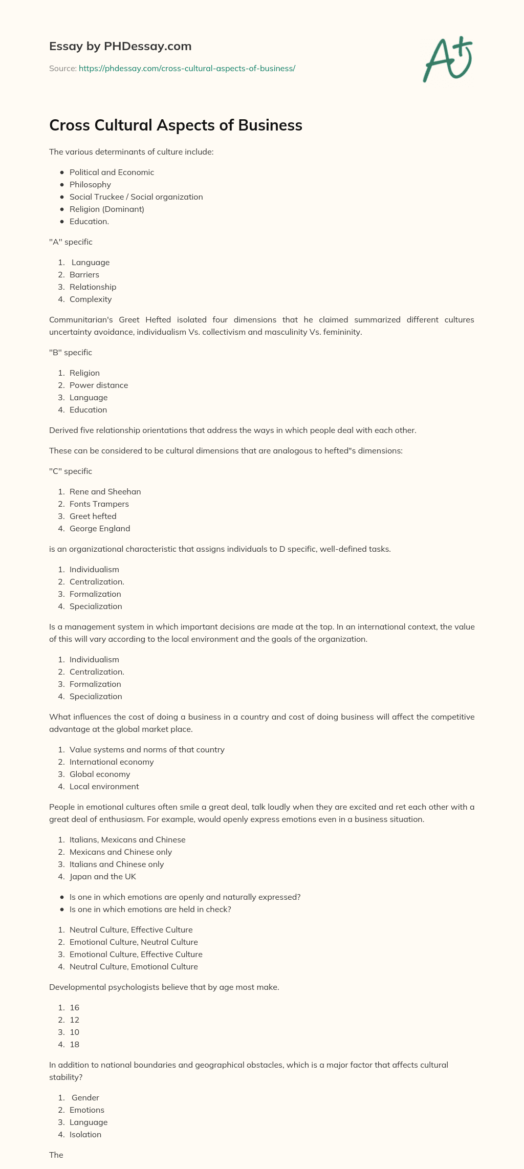 Cross Cultural Aspects of Business essay