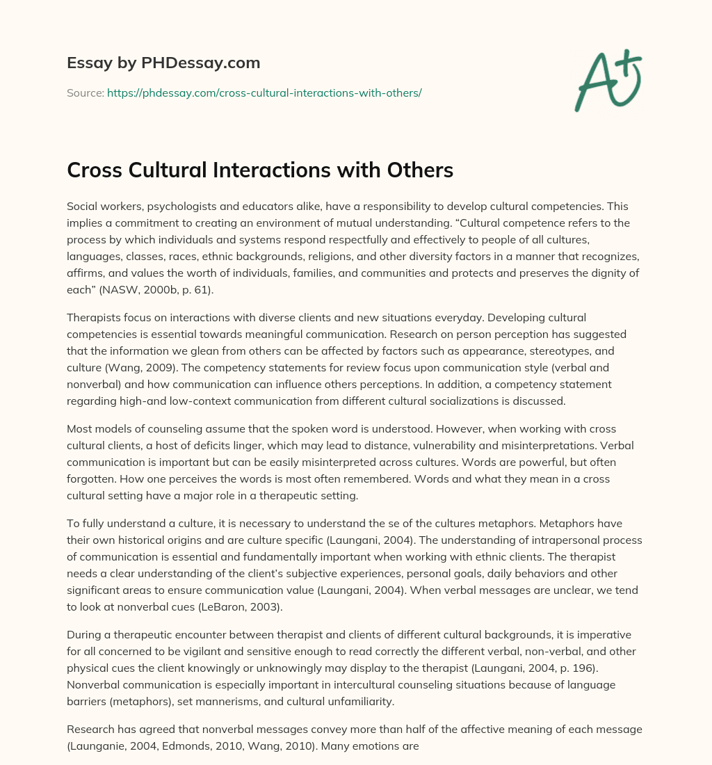 Cross Cultural Interactions with Others essay