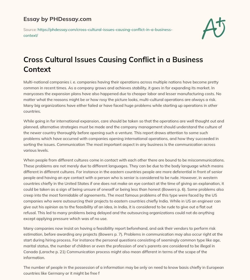 Cross Cultural Issues Causing Conflict in a Business Context essay
