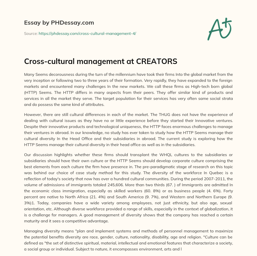 Cross-cultural management at CREATORS essay