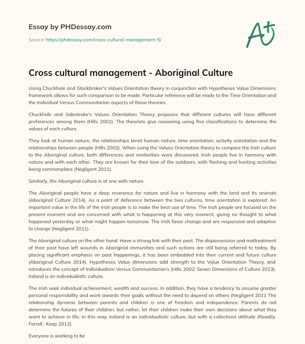 Cross cultural management – Aboriginal Culture essay