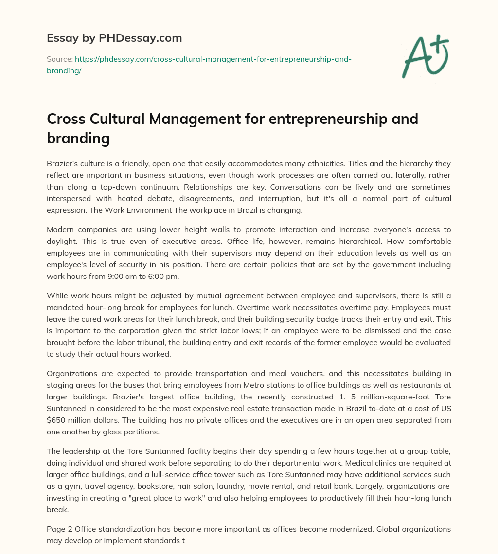 Cross Cultural Management for entrepreneurship and branding essay