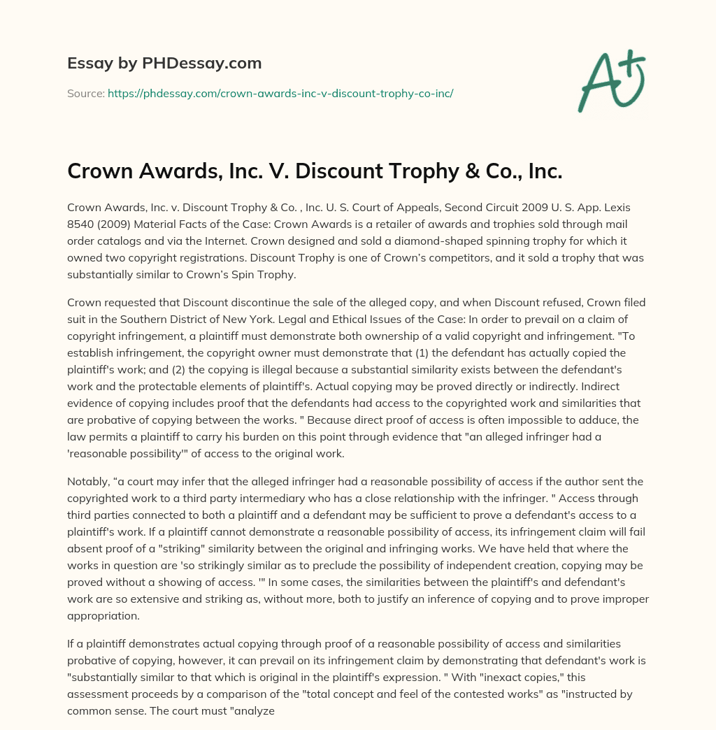 Crown Awards, Inc. V. Discount Trophy & Co., Inc. essay