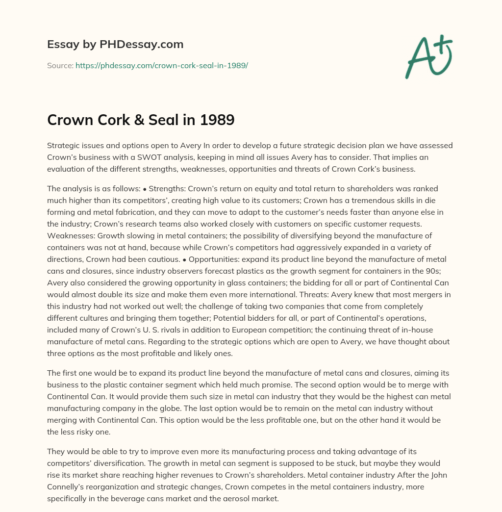 Crown Cork & Seal in 1989 essay
