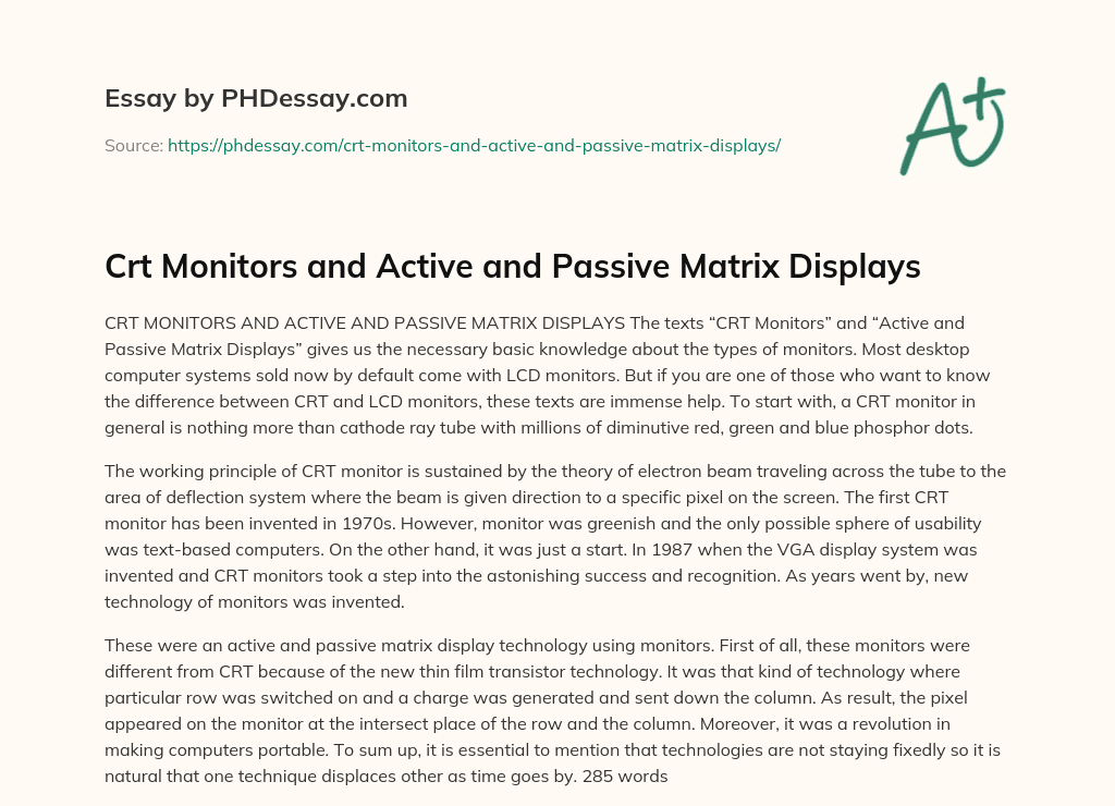 Crt Monitors and Active and Passive Matrix Displays essay