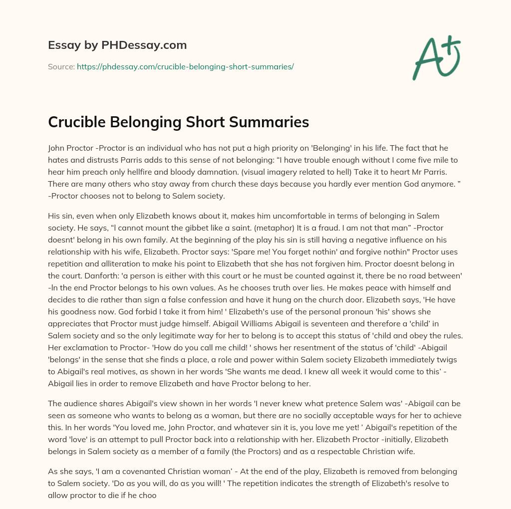 Crucible Belonging Short Summaries essay