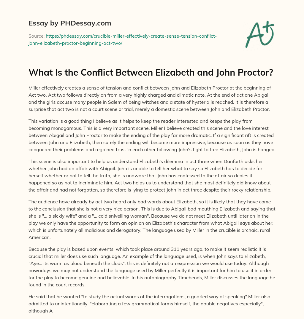 What Is the Conflict Between Elizabeth and John Proctor? essay