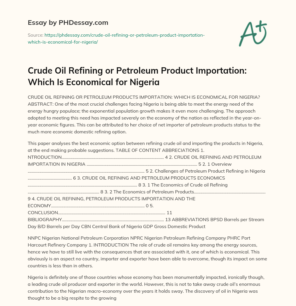 Crude Oil Refining or Petroleum Product Importation: Which Is Economical for Nigeria essay