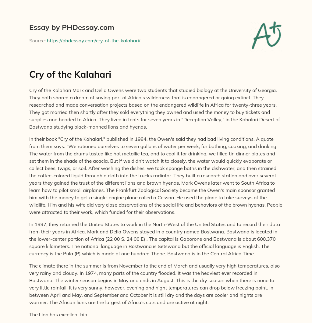 Cry of the Kalahari essay
