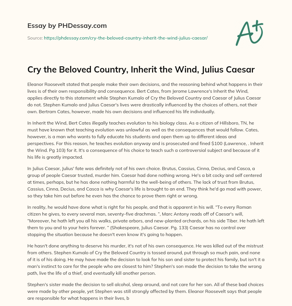 Cry the Beloved Country, Inherit the Wind, Julius Caesar essay